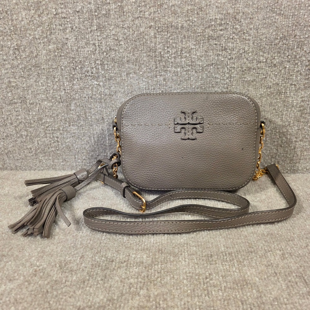 Tory Burch McGraw Camera Bag Pebbled Leather Crossbody Taupe Grey Gold Hardware